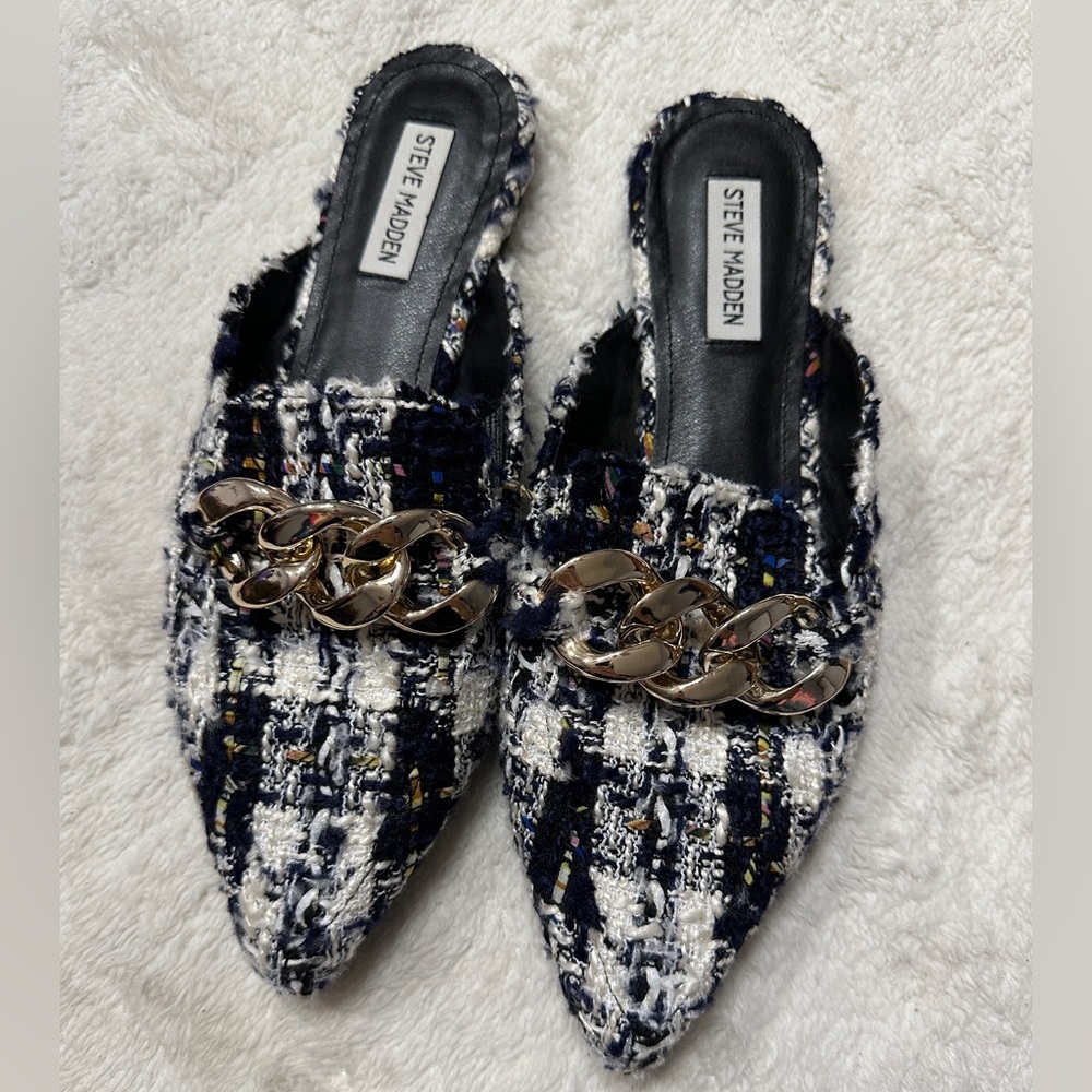 Steve Madden Famed Flats size 11 blue mules Flourish Blue Tweed Famed Flats